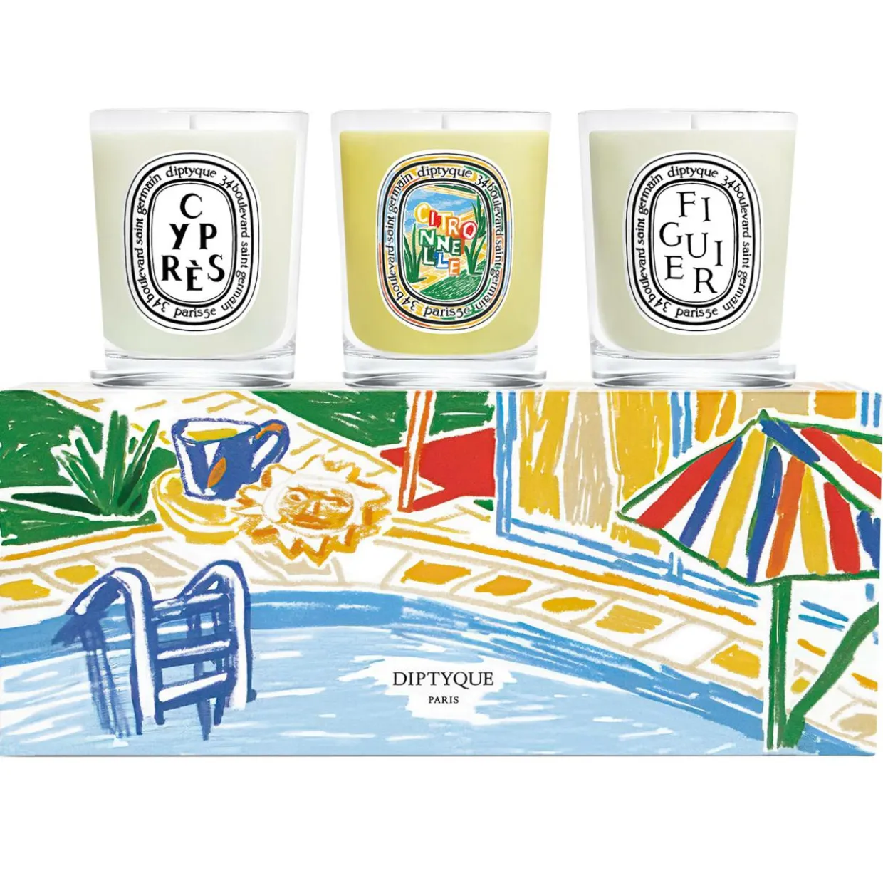 Figuier (Feigenbaum), Cyprès (Zypresse), Citronnelle (Zitronengras) Geschenkbox mit 3 kleinen Kerzen